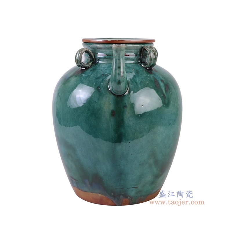 窑变绿色油壶,产品编号:RZSP56 产品尺寸(单位cm): 高29.5直径26.5口径底径16重量4.55KG