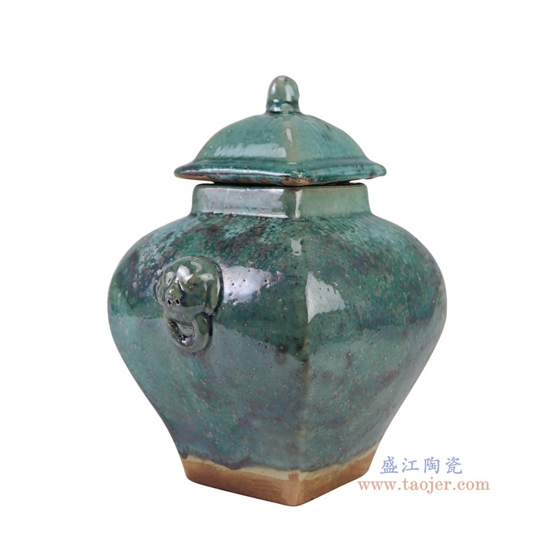 窑变绿色狮头耳四方盖罐将军罐,产品编号:RZSP57 产品尺寸(单位cm): 高29.5直径23.5口径底径10重量2.6KG