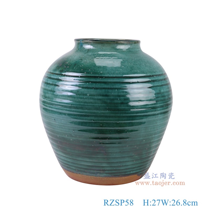 窑变绿色条纹罐子,产品编号:RZSP58 产品尺寸(单位cm): 高27直径26.8口径底径16.8重量4.15KG