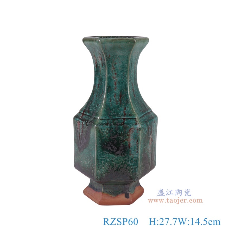 窑变绿色八方花瓶,产品编号:RZSP60 产品尺寸(单位cm): 高27.7直径14.5口径底径10重量1.3KG