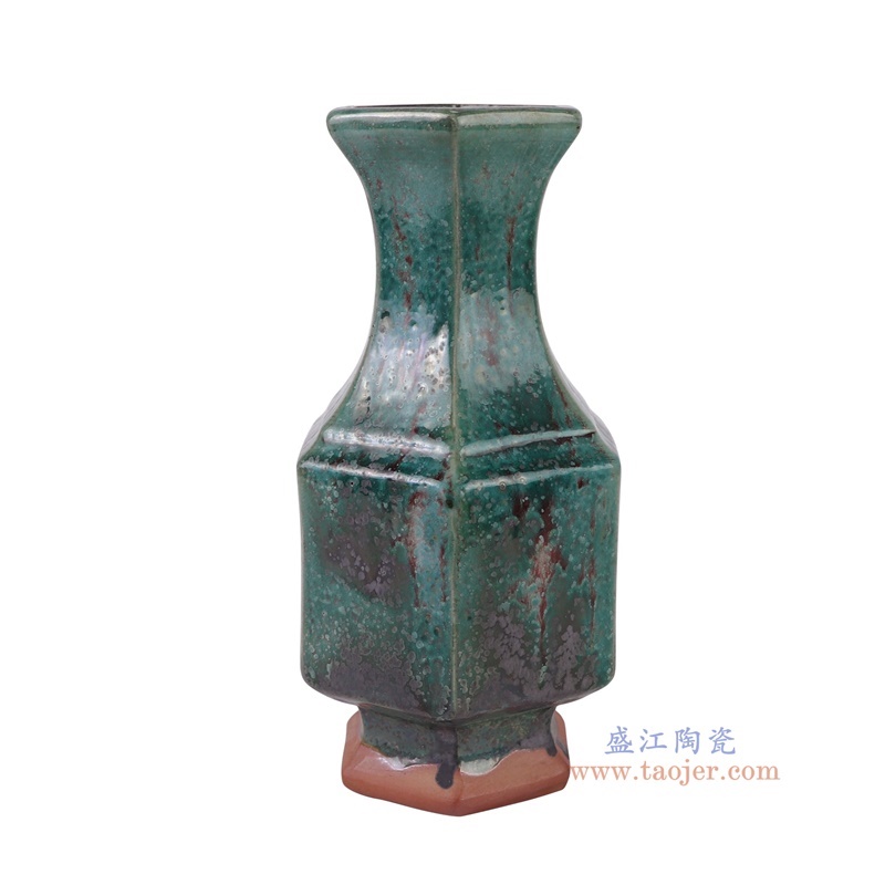 窑变绿色八方花瓶,产品编号:RZSP60 产品尺寸(单位cm): 高27.7直径14.5口径底径10重量1.3KG