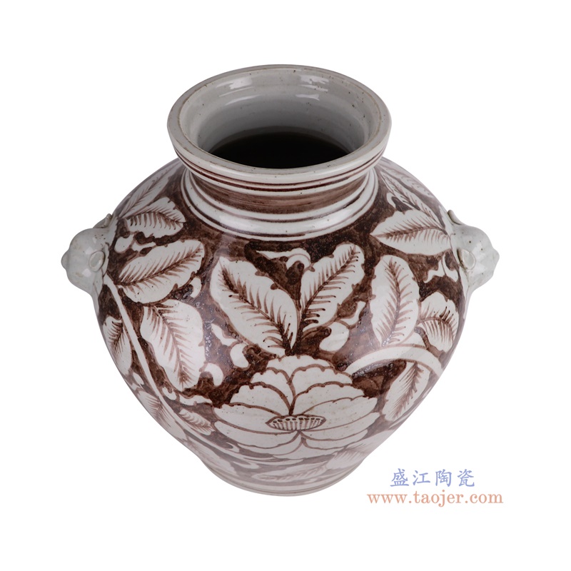 洪武釉里红狮子头耳花卉罐子，产品编号：RZSX63       产品尺寸(单位cm):  高直径口径底径重量KG