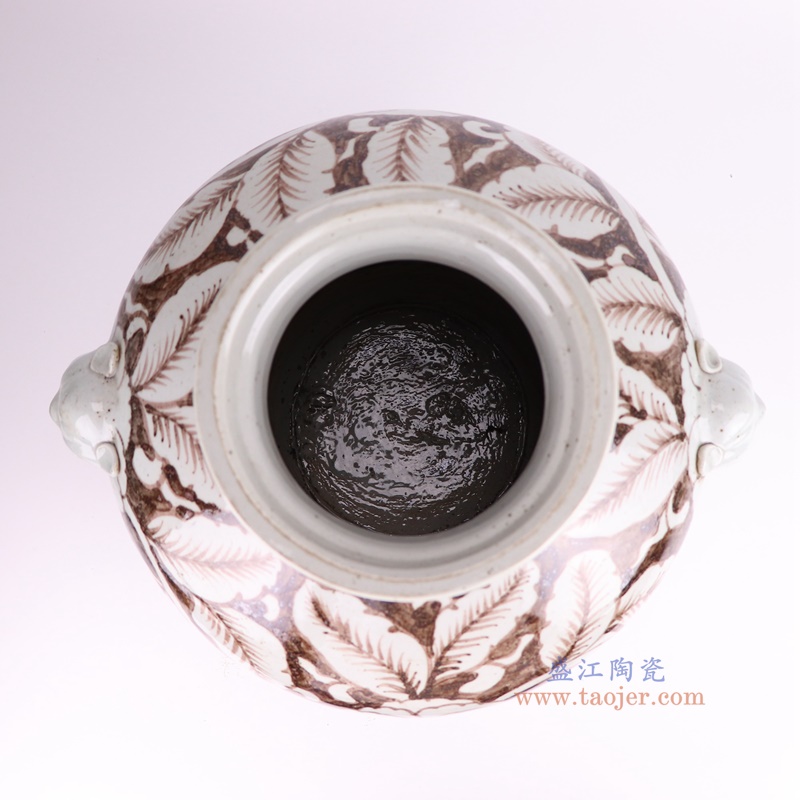 洪武釉里红狮子头耳花卉罐子，产品编号：RZSX63       产品尺寸(单位cm):  高直径口径底径重量KG