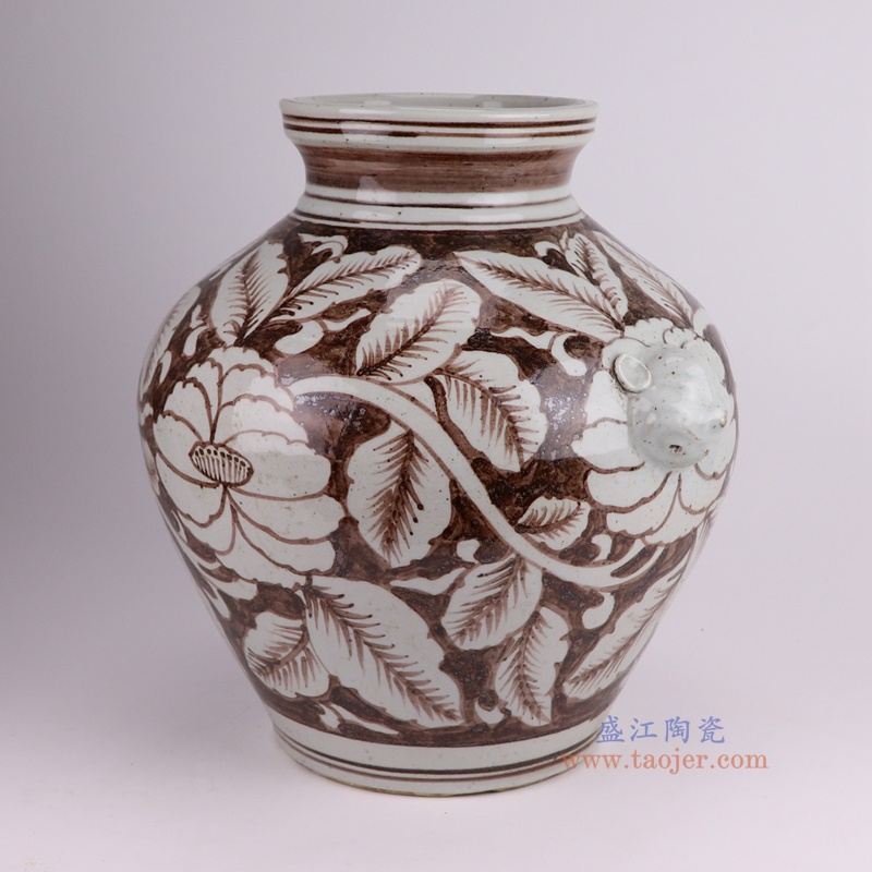 洪武釉里红狮子头耳花卉罐子，产品编号：RZSX63       产品尺寸(单位cm):  高直径口径底径重量KG