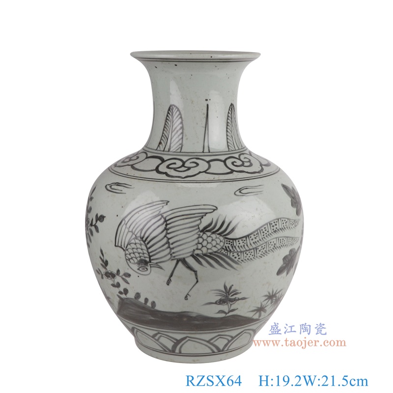 墨彩锦鸡花鸟花瓶,产品编号:RZSX64 产品尺寸(单位cm): 高19.2直径21.5口径底径17重量2.2KG