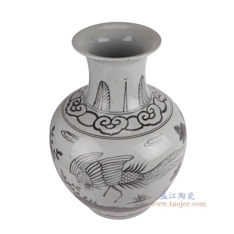 墨彩锦鸡花鸟花瓶,产品编号:RZSX64 产品尺寸(单位cm): 高19.2直径21.5口径底径17重量2.2KG