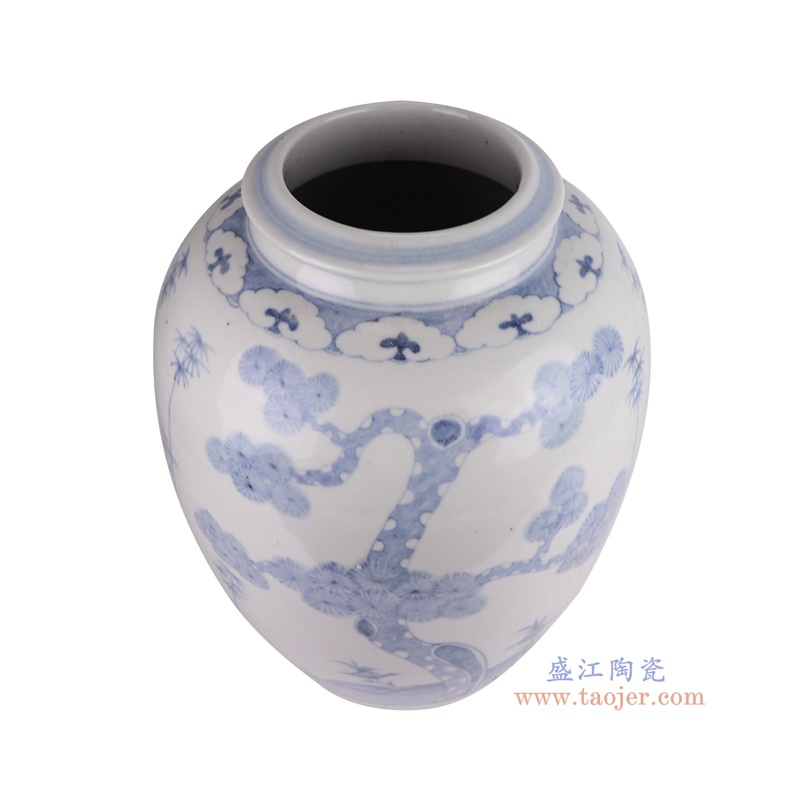 青花松竹梅冬瓜罐,产品编号:RZSX65 产品尺寸(单位cm): 高40.8直径30口径底径16.5重量6.25KG