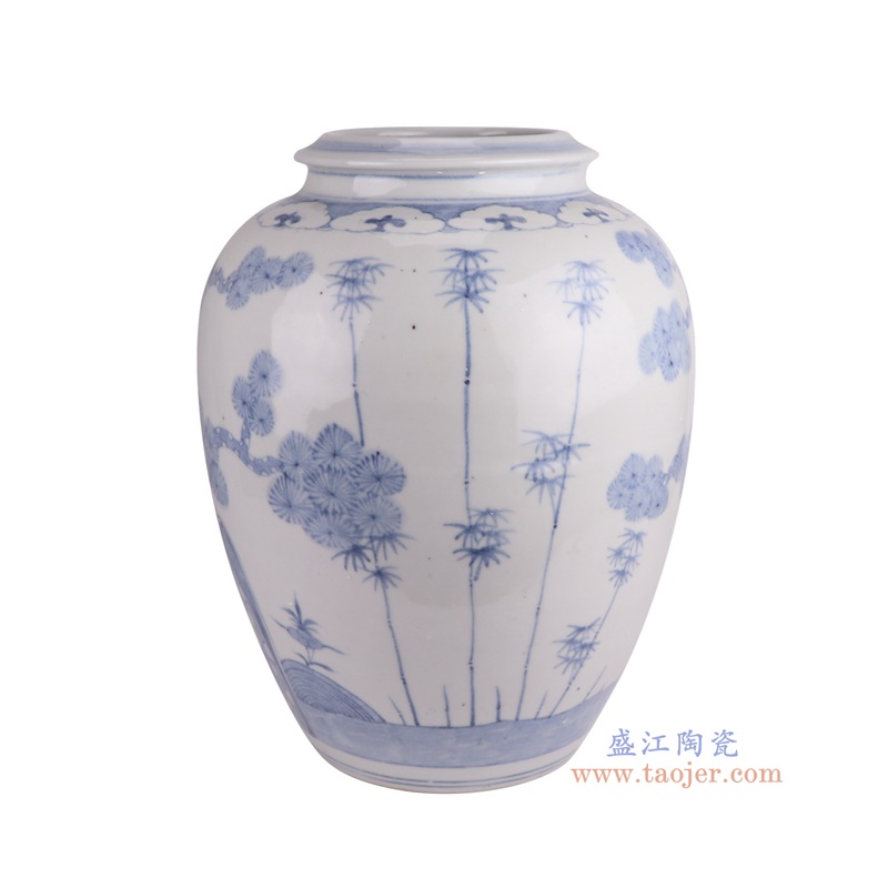青花松竹梅冬瓜罐,产品编号:RZSX65 产品尺寸(单位cm): 高40.8直径30口径底径16.5重量6.25KG