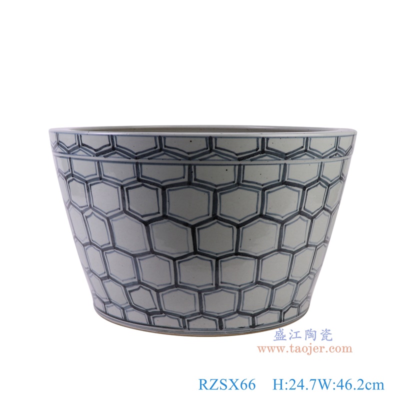 青花六边形几何纹大碗缸,产品编号:RZSX66 产品尺寸(单位cm): 高24.7直径46.2口径底径19.2重量9.05KG