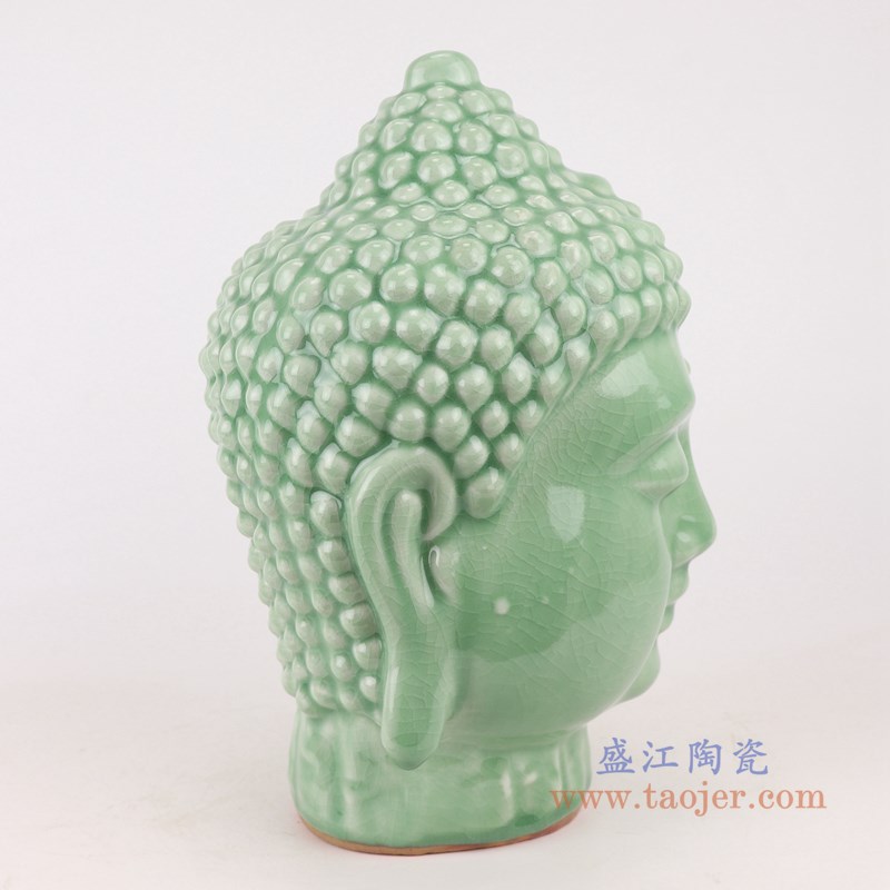 颜色釉豆青雕刻佛头佛像；产品编号：RZSo01       产品尺寸(单位cm):  高：33直径：20.6口径：底径：13重量：3.1KG