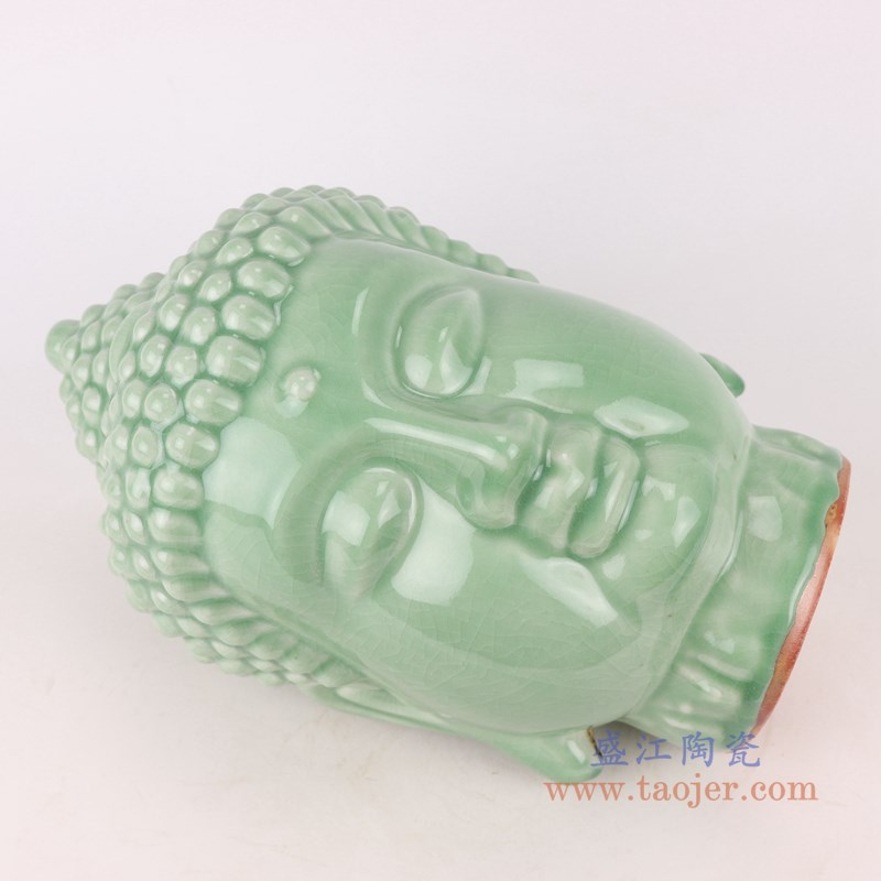 颜色釉豆青雕刻佛头佛像;产品编号:RZSo01 产品尺寸(单位cm): 高:33直径:20.6口径:底径:13重量:3.1KG