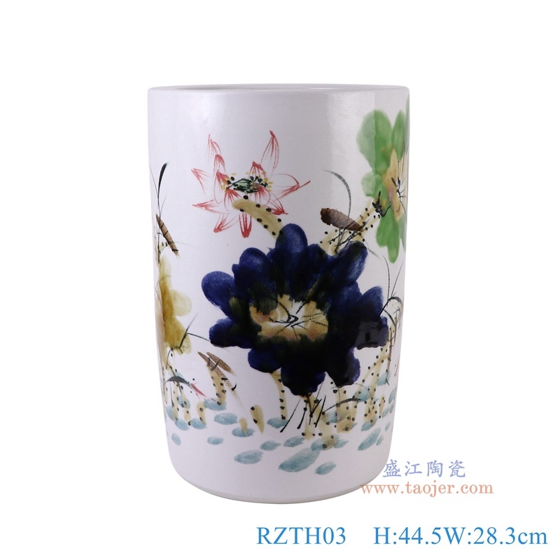 窑变粉彩荷花箭筒伞筒直筒缸,产品编号:RZTH03 产品尺寸(单位cm): 高44.5直径28.3口径底径重量11.35KG