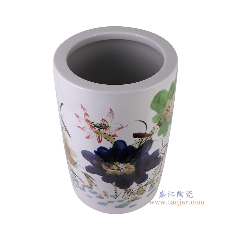 窑变粉彩荷花箭筒伞筒直筒缸,产品编号:RZTH03 产品尺寸(单位cm): 高44.5直径28.3口径底径重量11.35KG