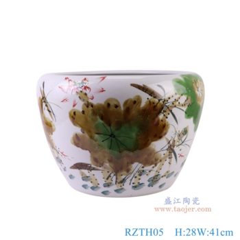 RZTH05   窑变粉彩荷花缸，     高28直径41口径底径26.6重量10.8KG