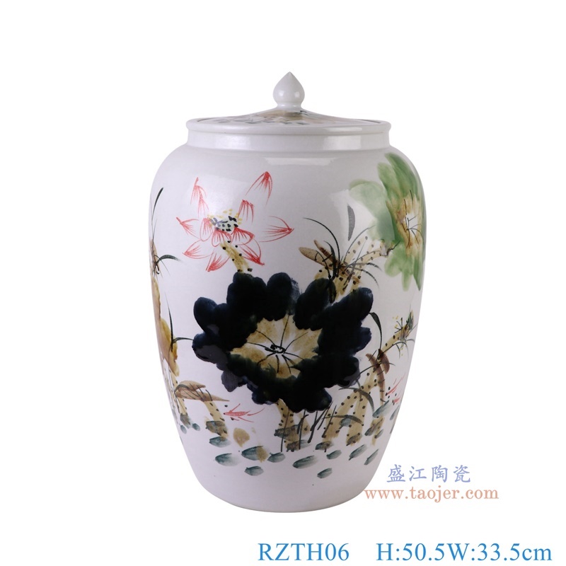 窑变粉彩荷花米缸冬瓜罐,产品编号:RZTH06 产品尺寸(单位cm): 高50.5直径33.5口径底径21.4重量10.85KG