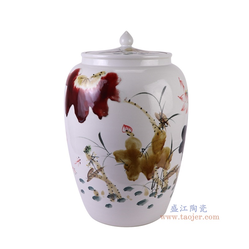 窑变粉彩荷花米缸冬瓜罐,产品编号:RZTH06 产品尺寸(单位cm): 高50.5直径33.5口径底径21.4重量10.85KG