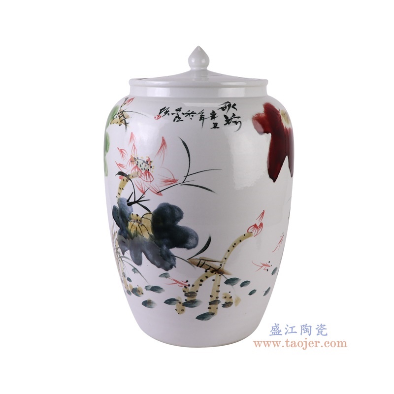 窑变粉彩荷花米缸冬瓜罐,产品编号:RZTH06 产品尺寸(单位cm): 高50.5直径33.5口径底径21.4重量10.85KG