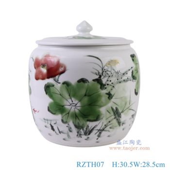 RZTH07   窑变粉彩荷花米缸西瓜缸，   高30.5直径28.5口径底径20.5重量7.25KG