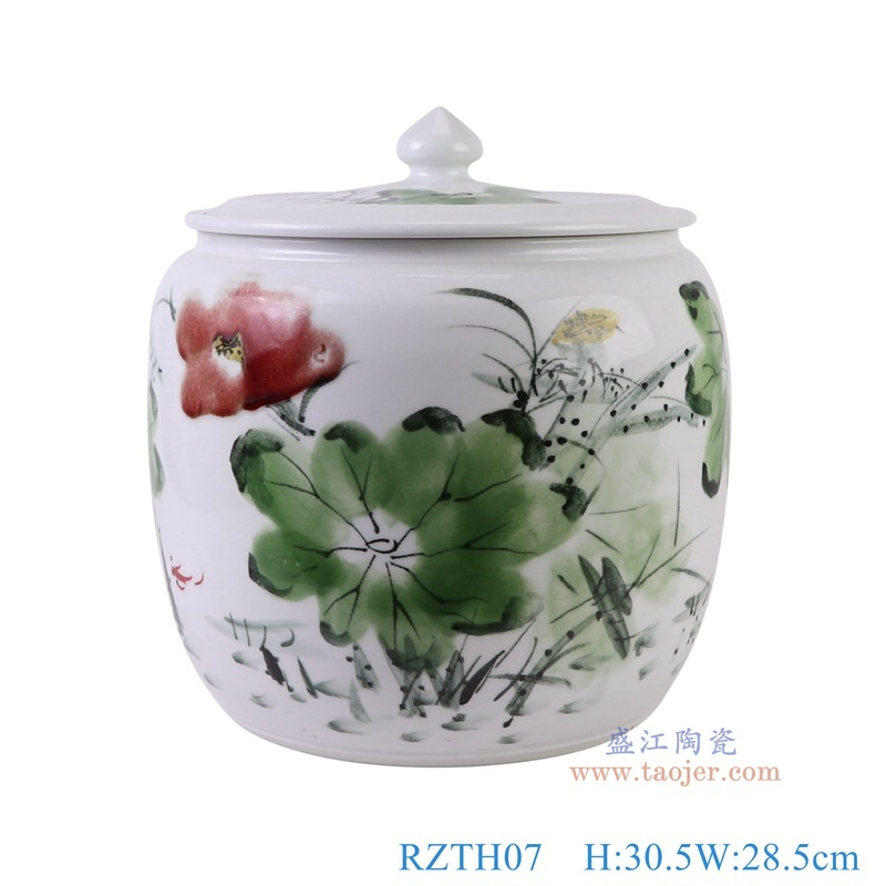 窑变粉彩荷花米缸西瓜缸,产品编号:RZTH07 产品尺寸(单位cm): 高30.5直径28.5口径底径20.5重量7.25KG