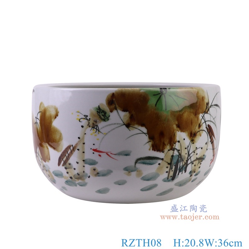 窑变粉彩荷花缸水浅,产品编号:RZTH08 产品尺寸(单位cm): 高20.8直径36口径底径24重量7.85KG