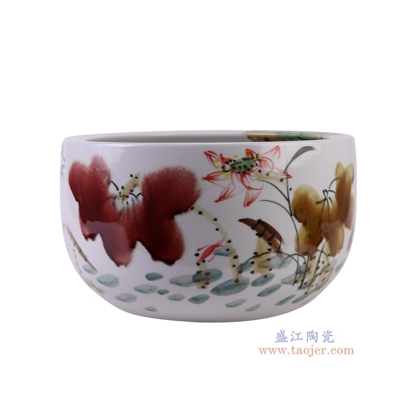窑变粉彩荷花缸水浅,产品编号:RZTH08 产品尺寸(单位cm): 高20.8直径36口径底径24重量7.85KG