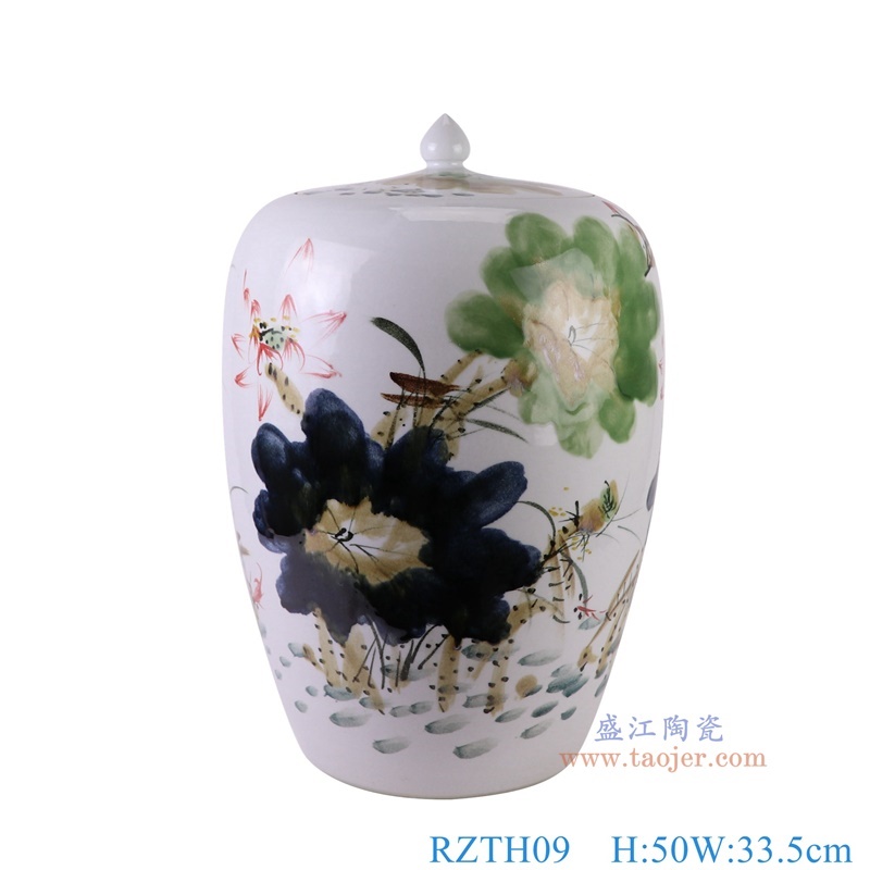 窑变粉彩荷花米缸冬瓜罐,产品编号:RZTH09 产品尺寸(单位cm): 高50直径33.5口径底径21重量12.45KG