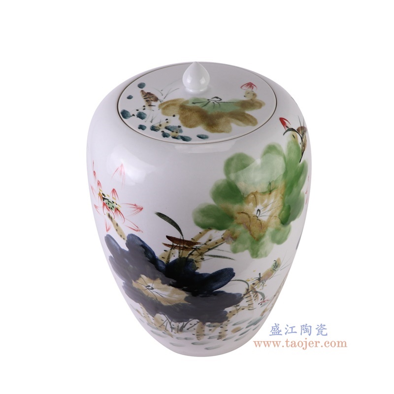 窑变粉彩荷花米缸冬瓜罐,产品编号:RZTH09 产品尺寸(单位cm): 高50直径33.5口径底径21重量12.45KG
