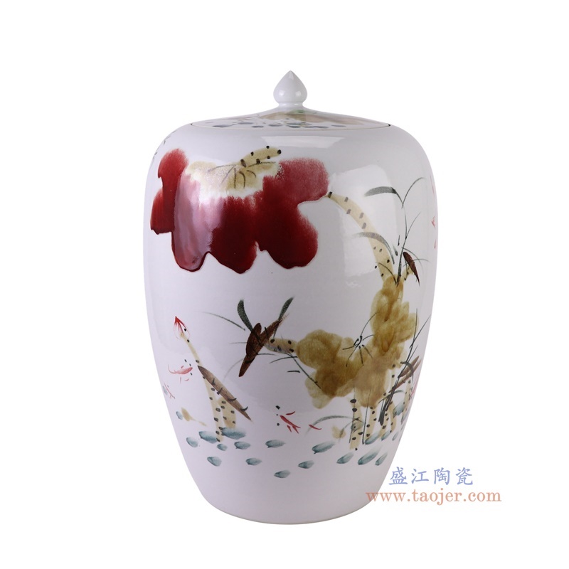 窑变粉彩荷花米缸冬瓜罐,产品编号:RZTH09 产品尺寸(单位cm): 高50直径33.5口径底径21重量12.45KG