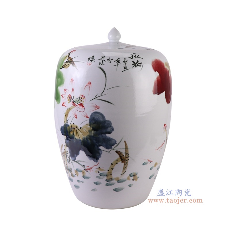 窑变粉彩荷花米缸冬瓜罐,产品编号:RZTH09 产品尺寸(单位cm): 高50直径33.5口径底径21重量12.45KG