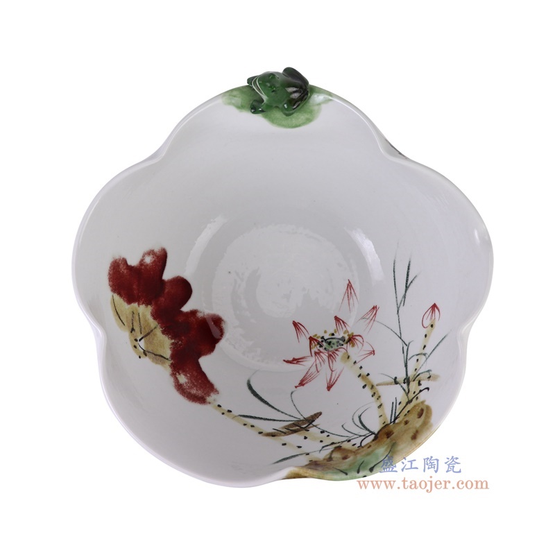窑变粉彩雕刻青蛙异形荷花缸水浅,产品编号:RZTH10 产品尺寸(单位cm): 高20.5直径40口径底径19.5重量4.95KG