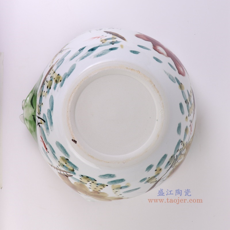 窑变粉彩雕刻青蛙异形荷花缸水浅,产品编号:RZTH10 产品尺寸(单位cm): 高20.5直径40口径底径19.5重量4.95KG
