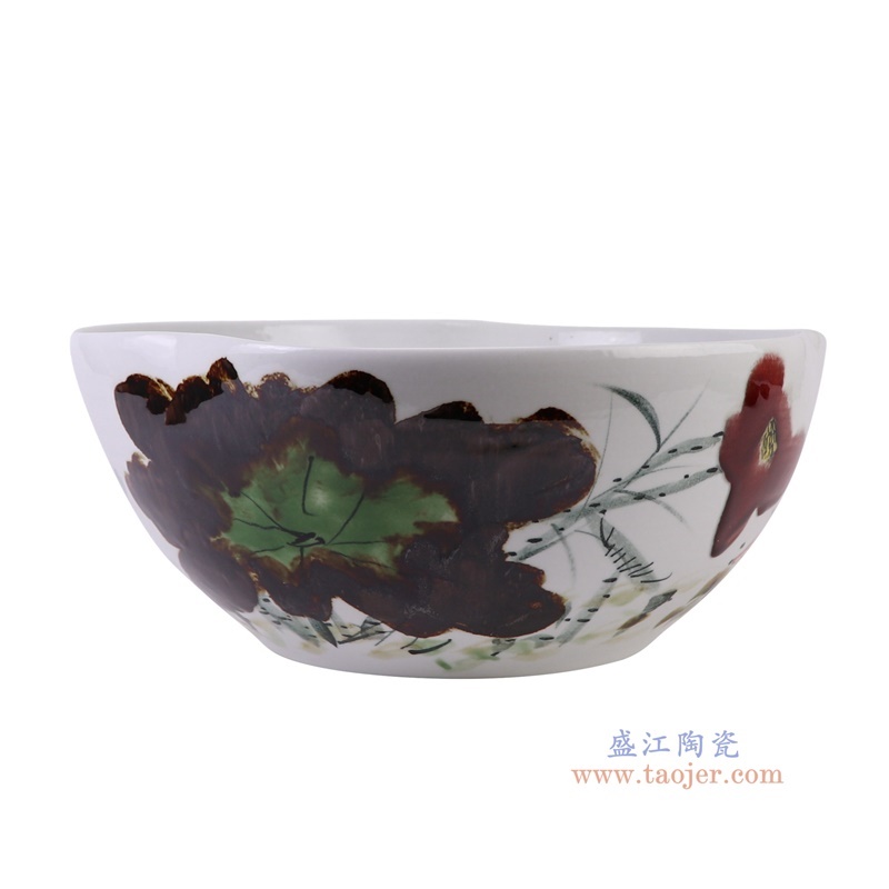 窑变粉彩异形荷花缸水浅,产品编号:RZTH12 产品尺寸(单位cm): 高16.5直径40口径底径22重量4.95KG