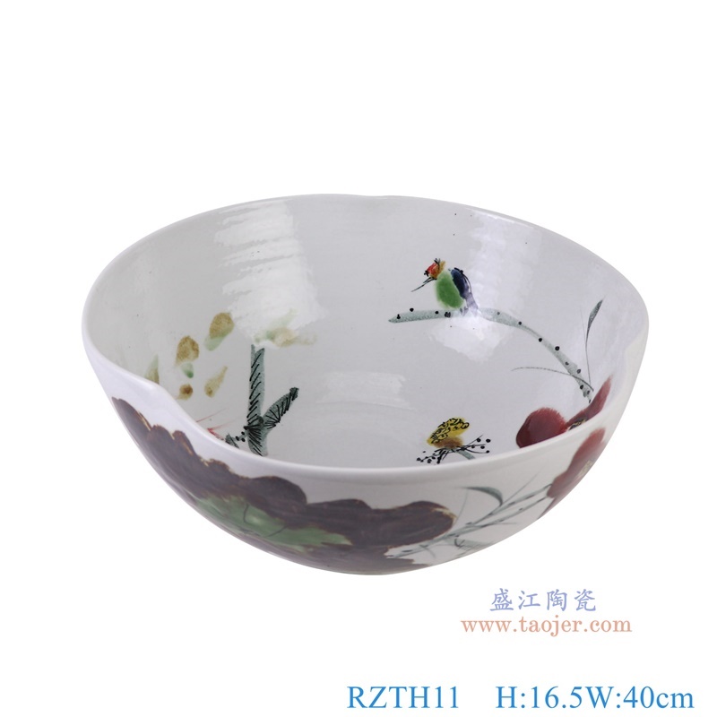 窑变粉彩异形荷花缸水浅,产品编号:RZTH12 产品尺寸(单位cm): 高16.5直径40口径底径22重量4.95KG