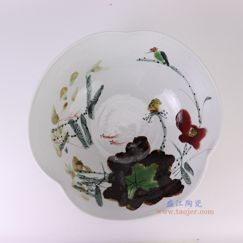 窑变粉彩异形荷花缸水浅,产品编号:RZTH12 产品尺寸(单位cm): 高16.5直径40口径底径22重量4.95KG
