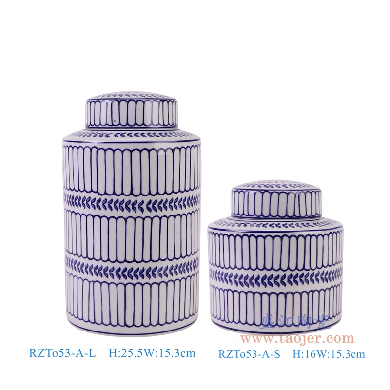 青花竖纹直筒茶叶罐大号,产品编号:RZTo53-A-L 产品尺寸(单位cm): 高25.5直径15.3口径底径重量1.5KG