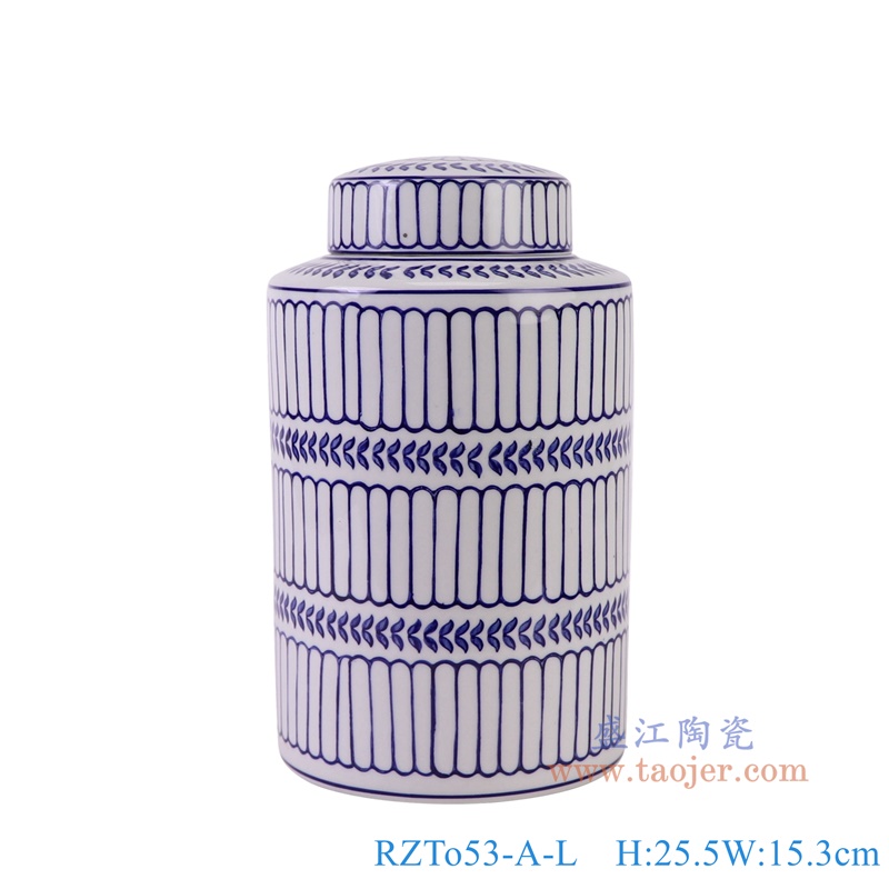 青花竖纹直筒茶叶罐大号,产品编号:RZTo53-A-L 产品尺寸(单位cm): 高25.5直径15.3口径底径重量1.5KG