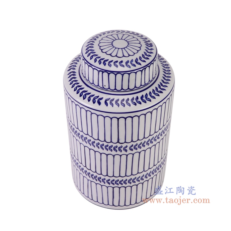 青花竖纹直筒茶叶罐大号,产品编号:RZTo53-A-L 产品尺寸(单位cm): 高25.5直径15.3口径底径重量1.5KG