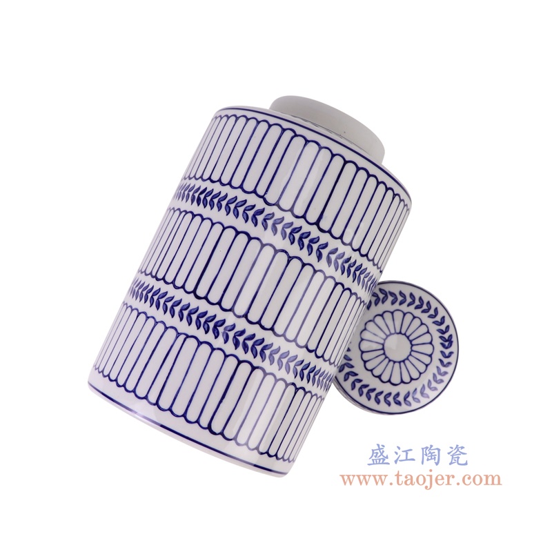 青花竖纹直筒茶叶罐大号，产品编号：RZTo53-A-L       产品尺寸(单位cm):  高25.5直径15.3口径底径重量1.5KG