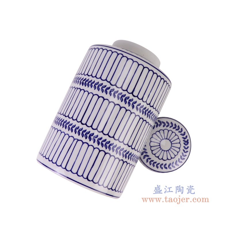 青花竖纹直筒茶叶罐大号,产品编号:RZTo53-A-L 产品尺寸(单位cm): 高25.5直径15.3口径底径重量1.5KG