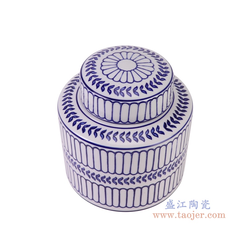 青花竖纹直筒茶叶罐小号,产品编号:RZTo53-A-S 产品尺寸(单位cm): 高16直径15.3口径底径重量1.1KG