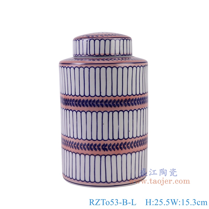 青花蓝红相间竖纹直筒茶叶罐大号,产品编号:RZTo53-B-L 产品尺寸(单位cm): 高25.5直径15.3口径底径重量1.5KG