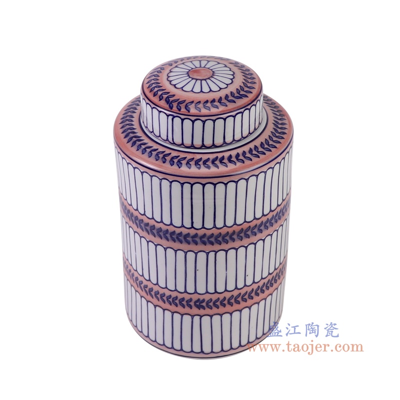 青花蓝红相间竖纹直筒茶叶罐大号,产品编号:RZTo53-B-L 产品尺寸(单位cm): 高25.5直径15.3口径底径重量1.5KG