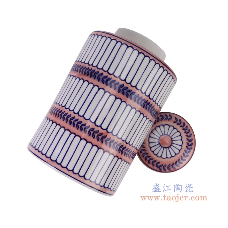 青花蓝红相间竖纹直筒茶叶罐大号，产品编号：RZTo53-B-L       产品尺寸(单位cm):  高25.5直径15.3口径底径重量1.5KG