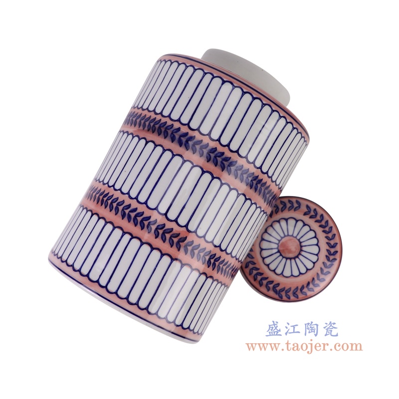 青花蓝红相间竖纹直筒茶叶罐大号,产品编号:RZTo53-B-L 产品尺寸(单位cm): 高25.5直径15.3口径底径重量1.5KG