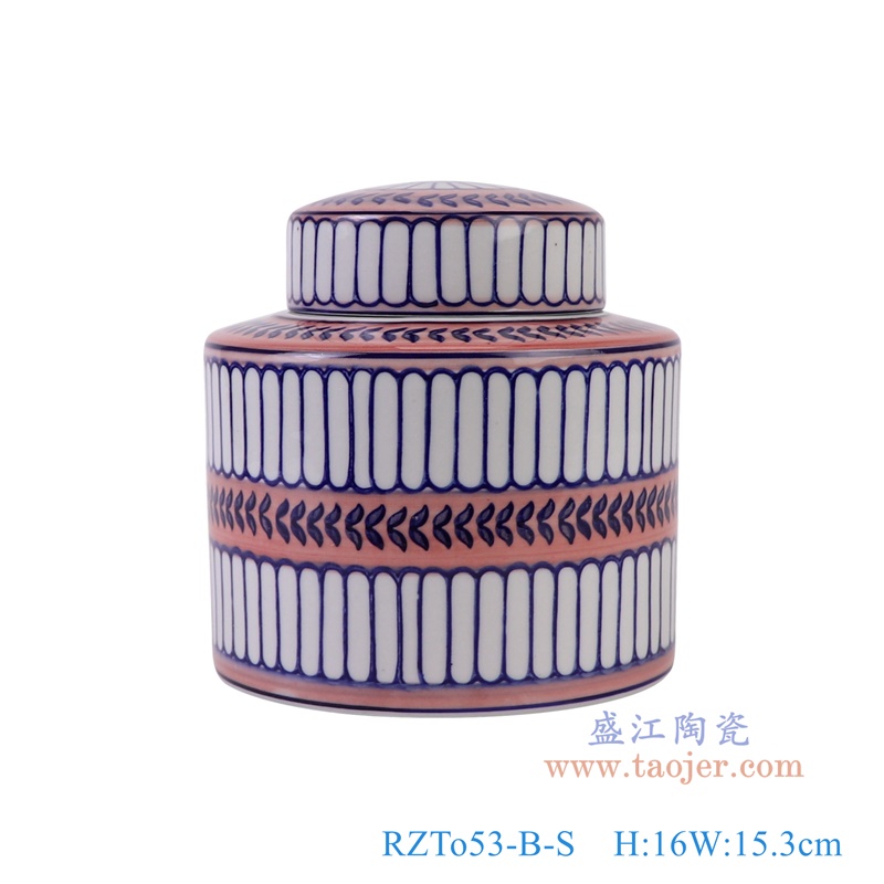 青花蓝红相间竖纹直筒茶叶罐小号，产品编号：RZTo53-B-S       产品尺寸(单位cm):  高16直径15.3口径底径重量1.1KG