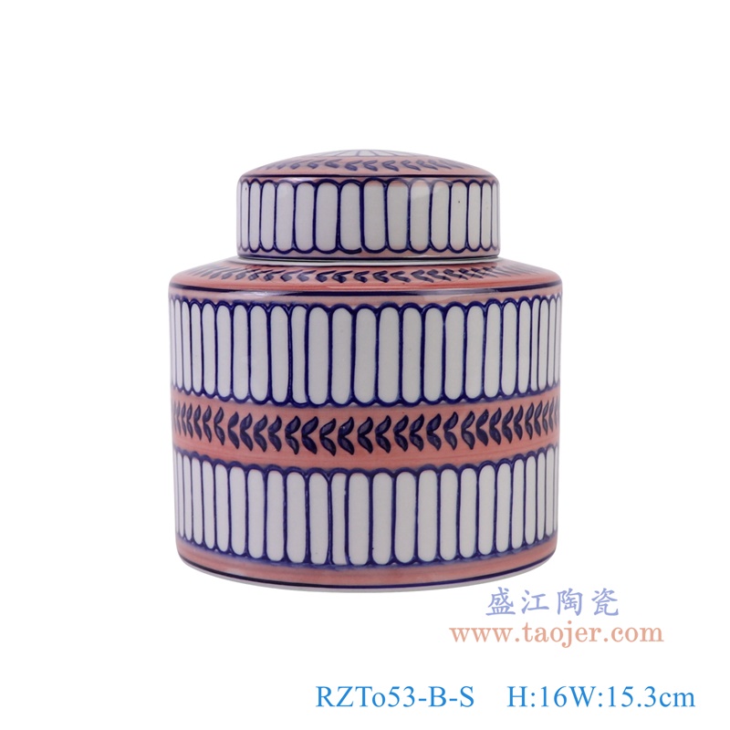 青花蓝红相间竖纹直筒茶叶罐小号,产品编号:RZTo53-B-S 产品尺寸(单位cm): 高16直径15.3口径底径重量1.1KG