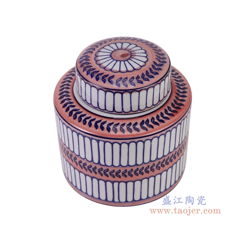 青花蓝红相间竖纹直筒茶叶罐小号，产品编号：RZTo53-B-S       产品尺寸(单位cm):  高16直径15.3口径底径重量1.1KG
