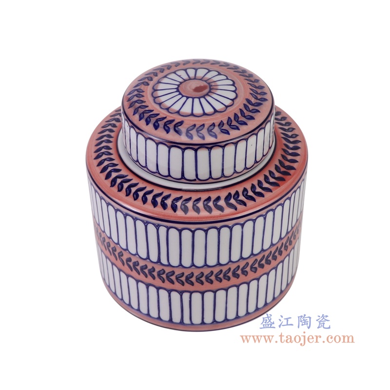 青花蓝红相间竖纹直筒茶叶罐小号,产品编号:RZTo53-B-S 产品尺寸(单位cm): 高16直径15.3口径底径重量1.1KG