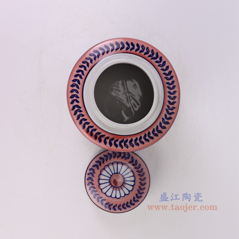 青花蓝红相间竖纹直筒茶叶罐小号,产品编号:RZTo53-B-S 产品尺寸(单位cm): 高16直径15.3口径底径重量1.1KG