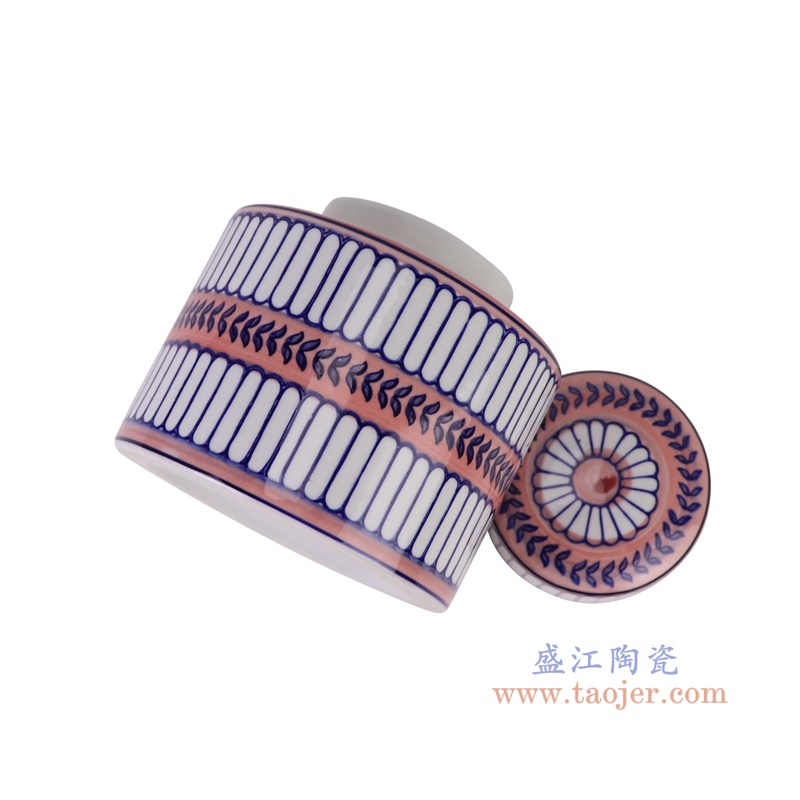 青花蓝红相间竖纹直筒茶叶罐小号,产品编号:RZTo53-B-S 产品尺寸(单位cm): 高16直径15.3口径底径重量1.1KG